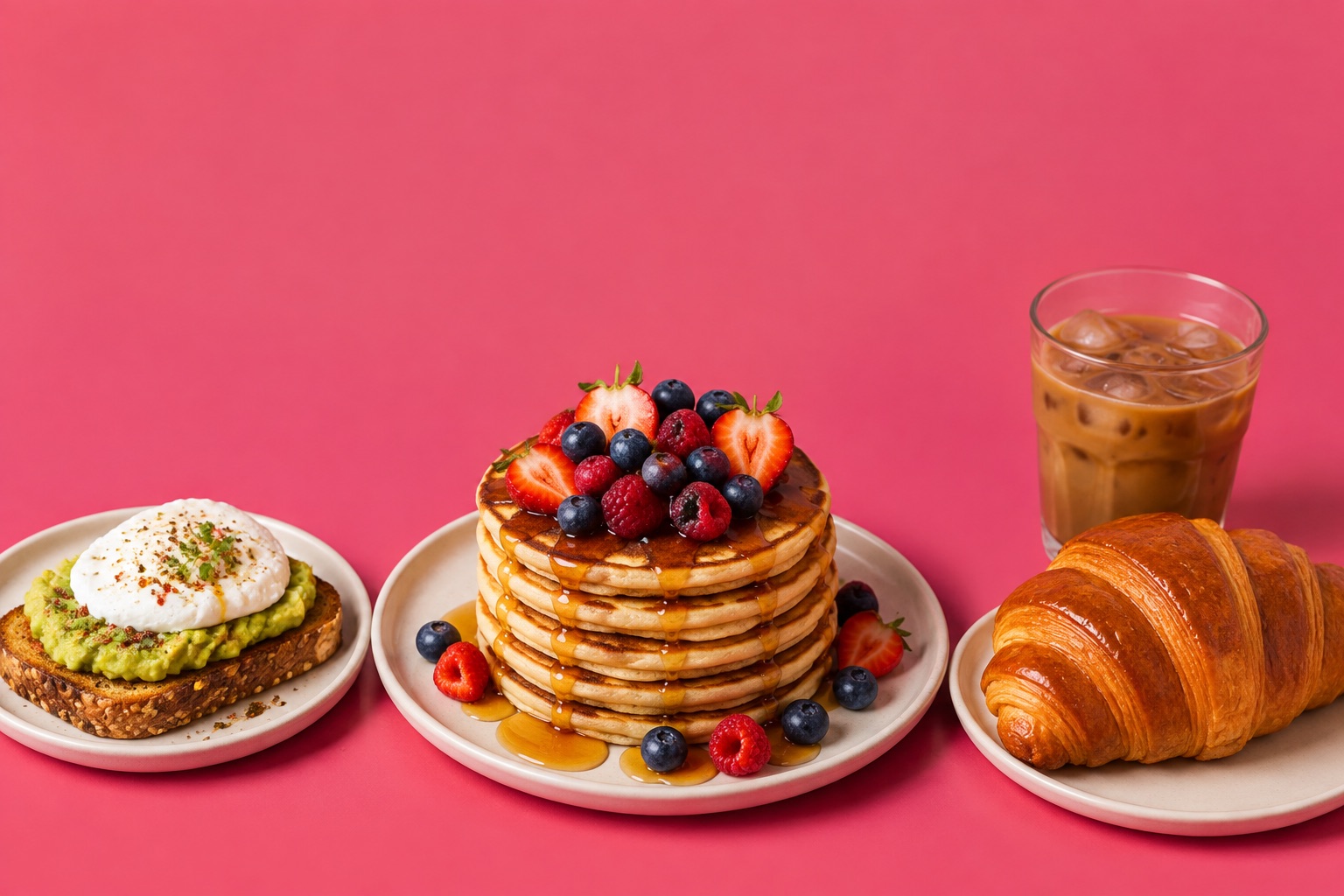 Pile de pancakes nappés de sirop et garnis de fruits rouges
